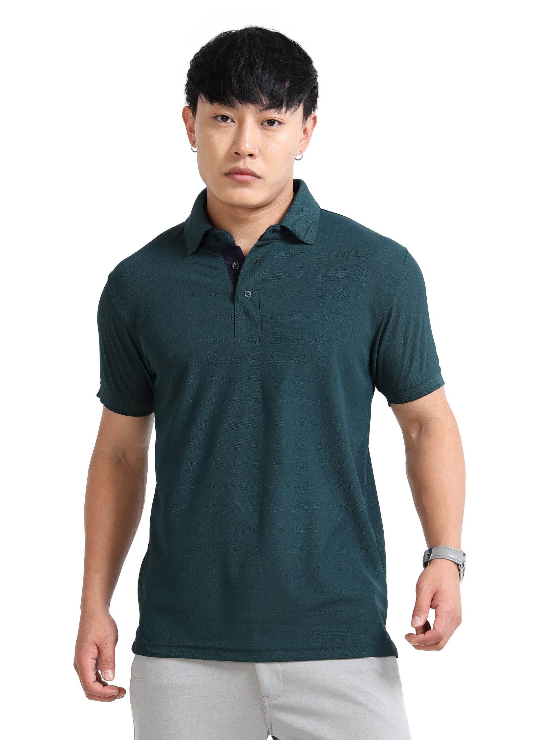 Plain pique polo tshirt Bottle green with black tipping