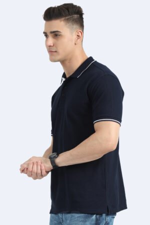 Navy cotton polo tshirt side view