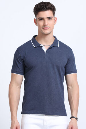 Cotton blend polo tshirt Denim melange & white tipping