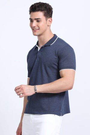 Cotton blend polo tshirt Denim melange & white tipping side view