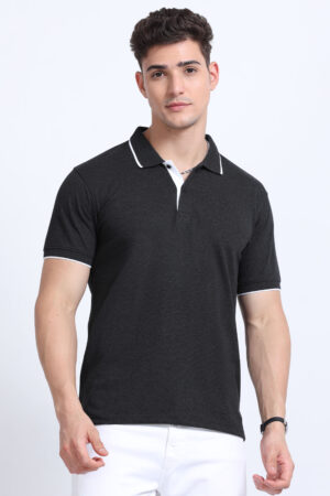 Cotton Blend Polo T-Shirts Charcoal & white tipping