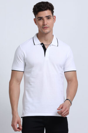 Cotton blend polo tshirt white & black tipping