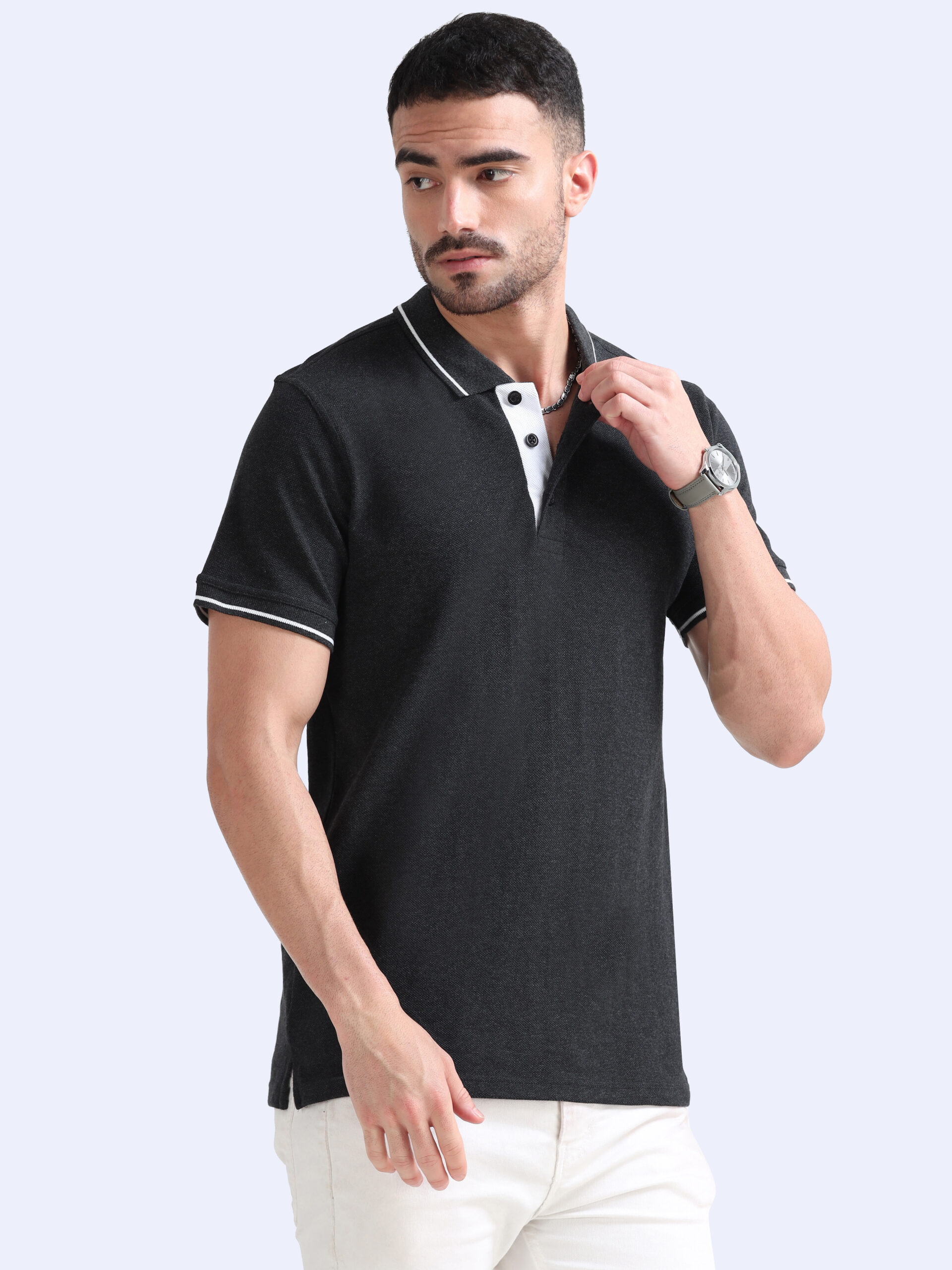 Charcoal cotton polo tshirt side view