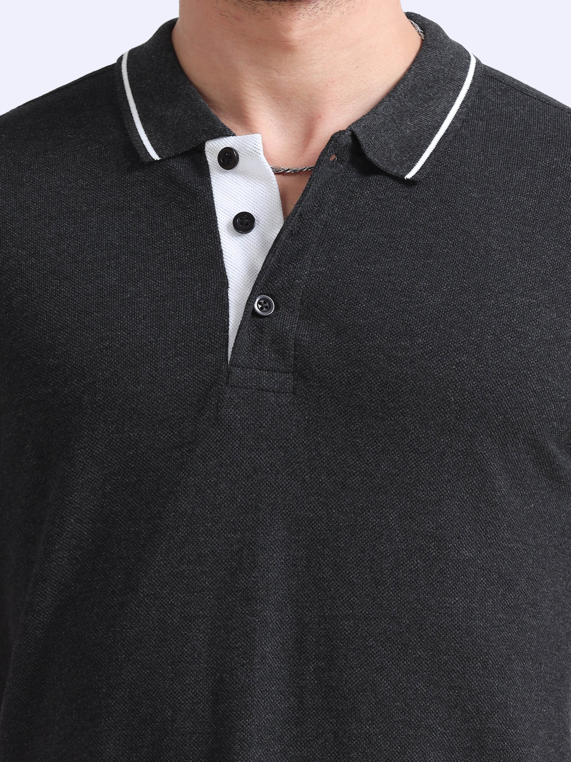 Charcoal cotton polo tshirt close view