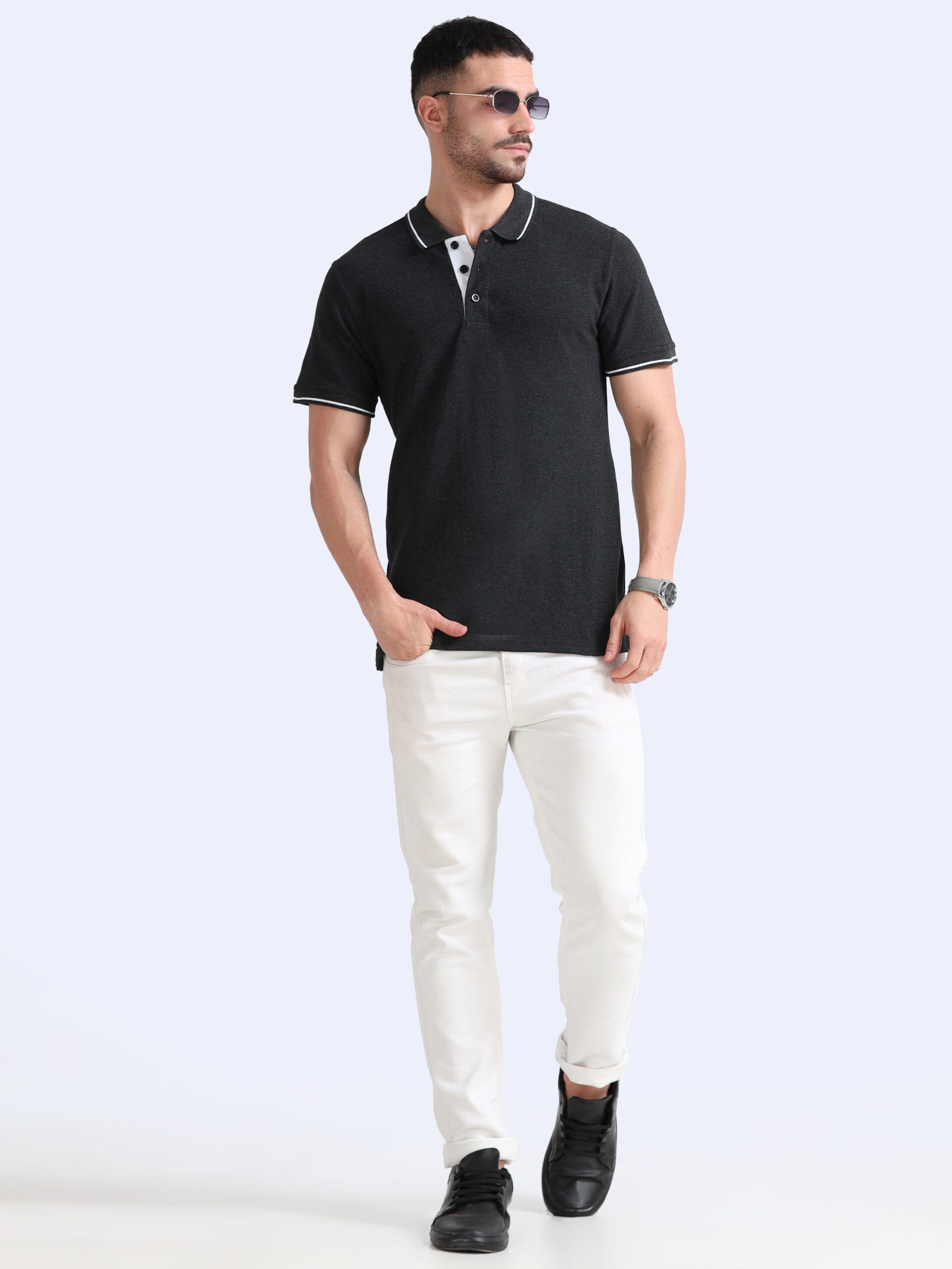 Model wearing Charcoal cotton polo tshirt