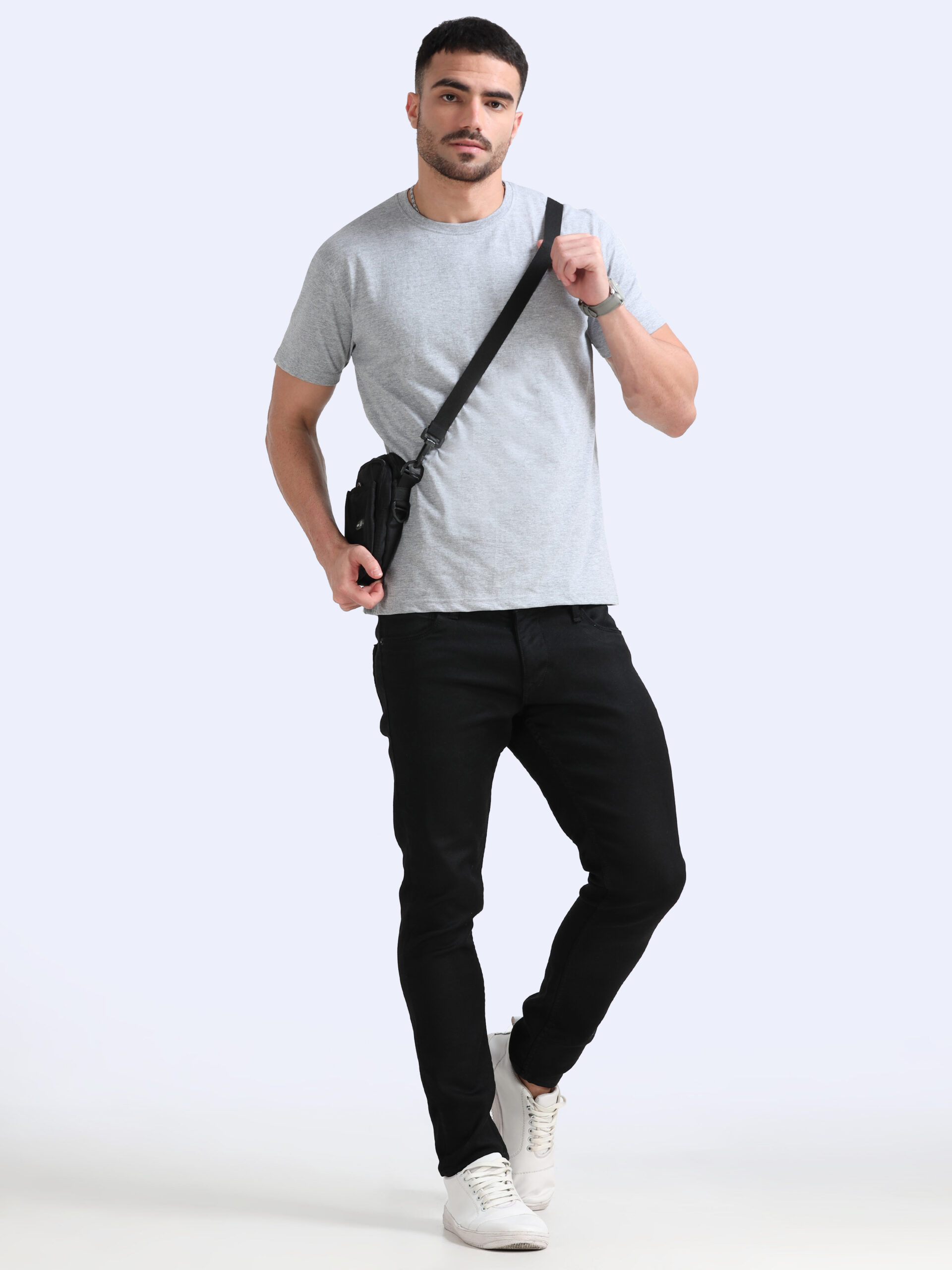 Grey Melange Cotton Tshirt Plain model wearing