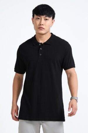 cotton blend polo tshirts Plain black front view