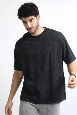 Plain Acidwash cotton french terry T-shirt Black