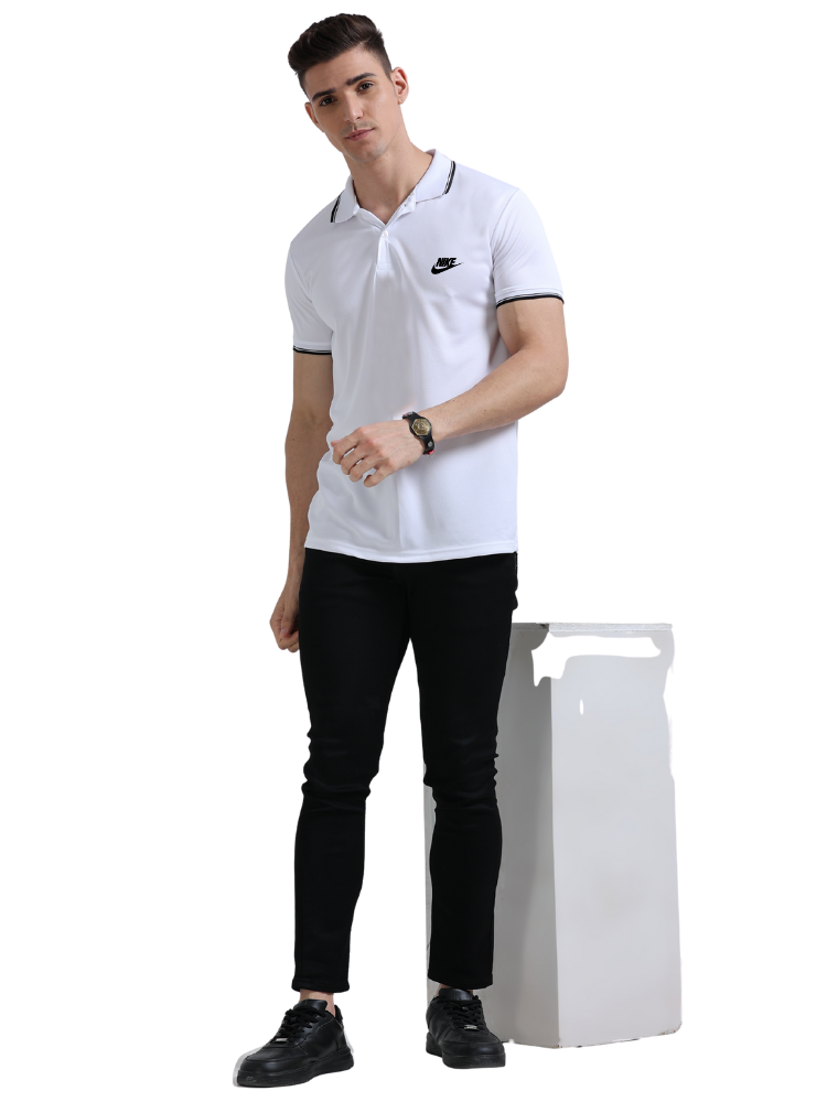 Model wearing Nike Printed Sports Polo T-Shirts White