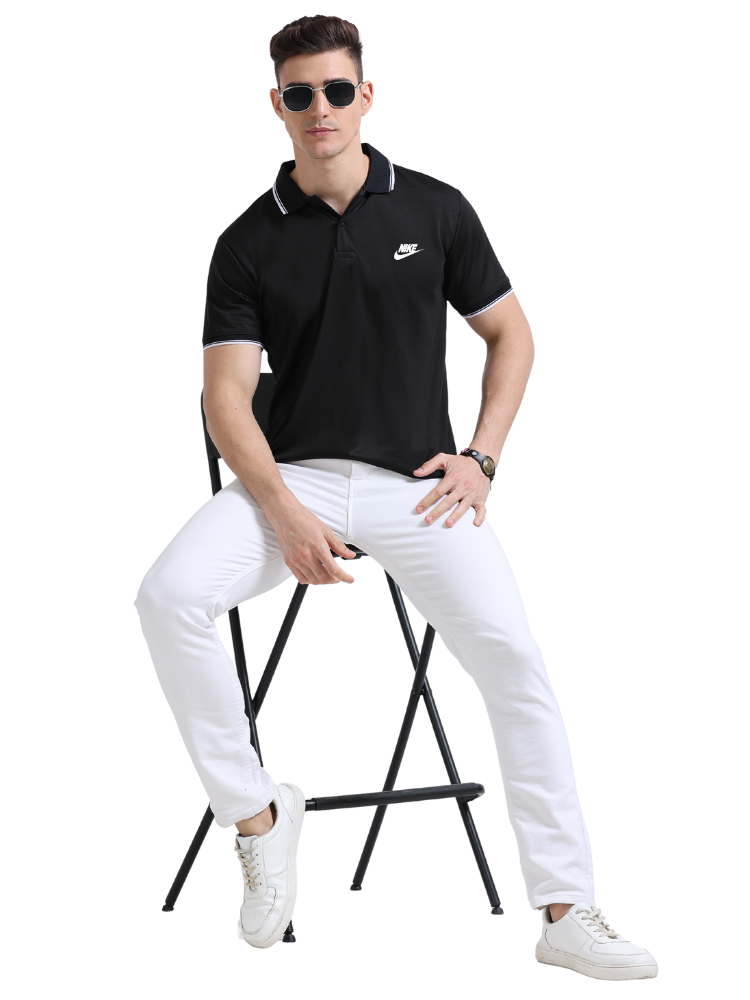 Model wearing Nike Printed Sports Polo T-Shirts Black