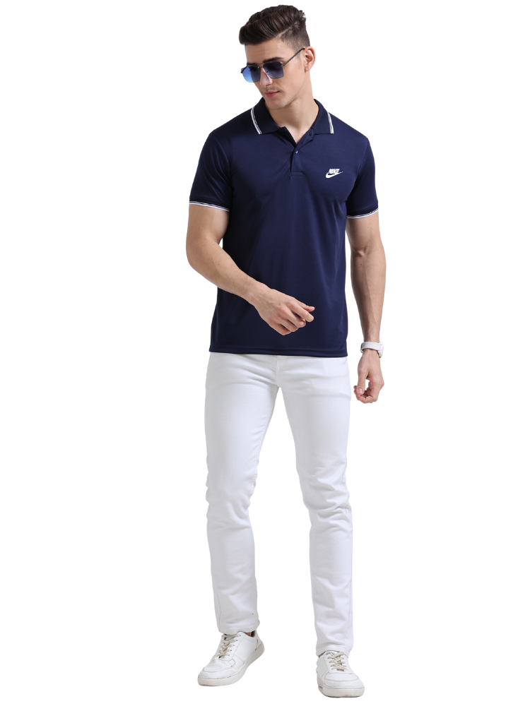 Model wearing Nike Printed Sports Polo T-Shirts Navy