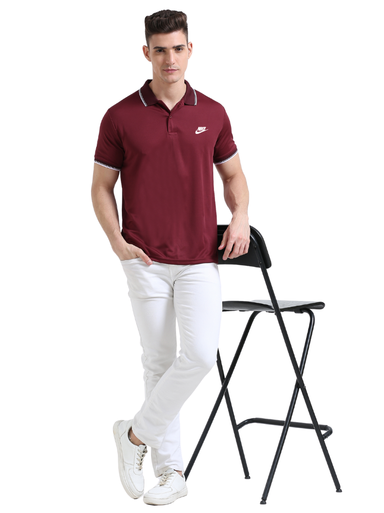 Model wearing Nike Printed Sports Polo T-Shirts Maroon