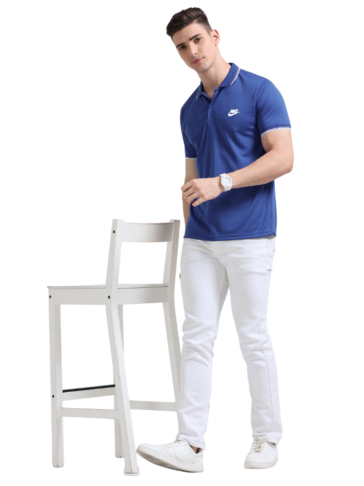 Model wearing Nike Printed Sports Polo T-Shirts Royal Blue