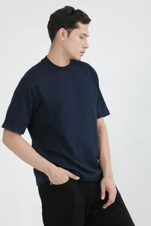 Plain Oversized cotton tshirt Navy side view