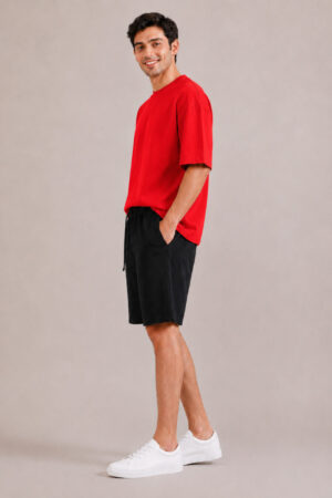 mens red and black shorts and tshirt