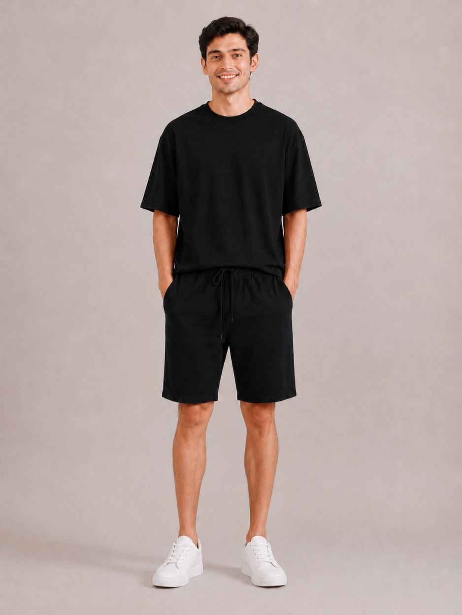 black tshirt and black shorts cord sets