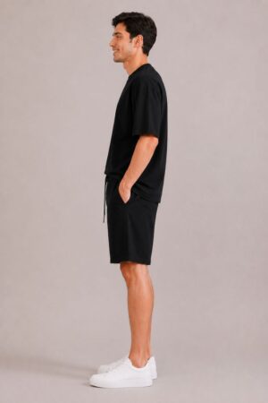mens black and black shorts and tshirt