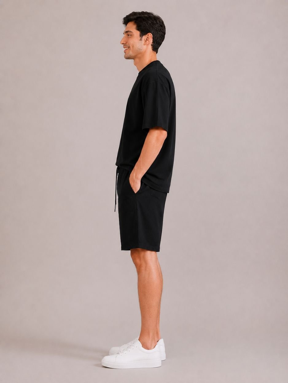 mens black and black shorts and tshirt