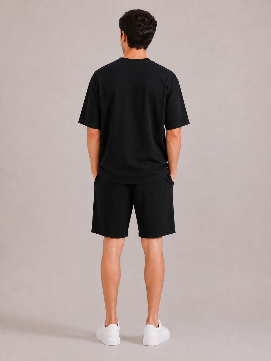 mens black and black shorts and tshirt