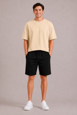 BEIGE tshirt& black shorts co-ord sets