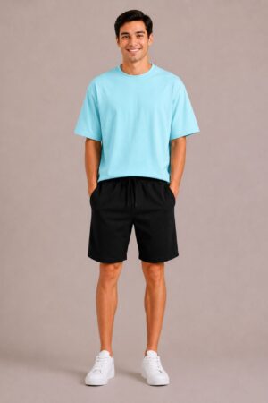 powder blue tshirt & black shorts co-ord sets